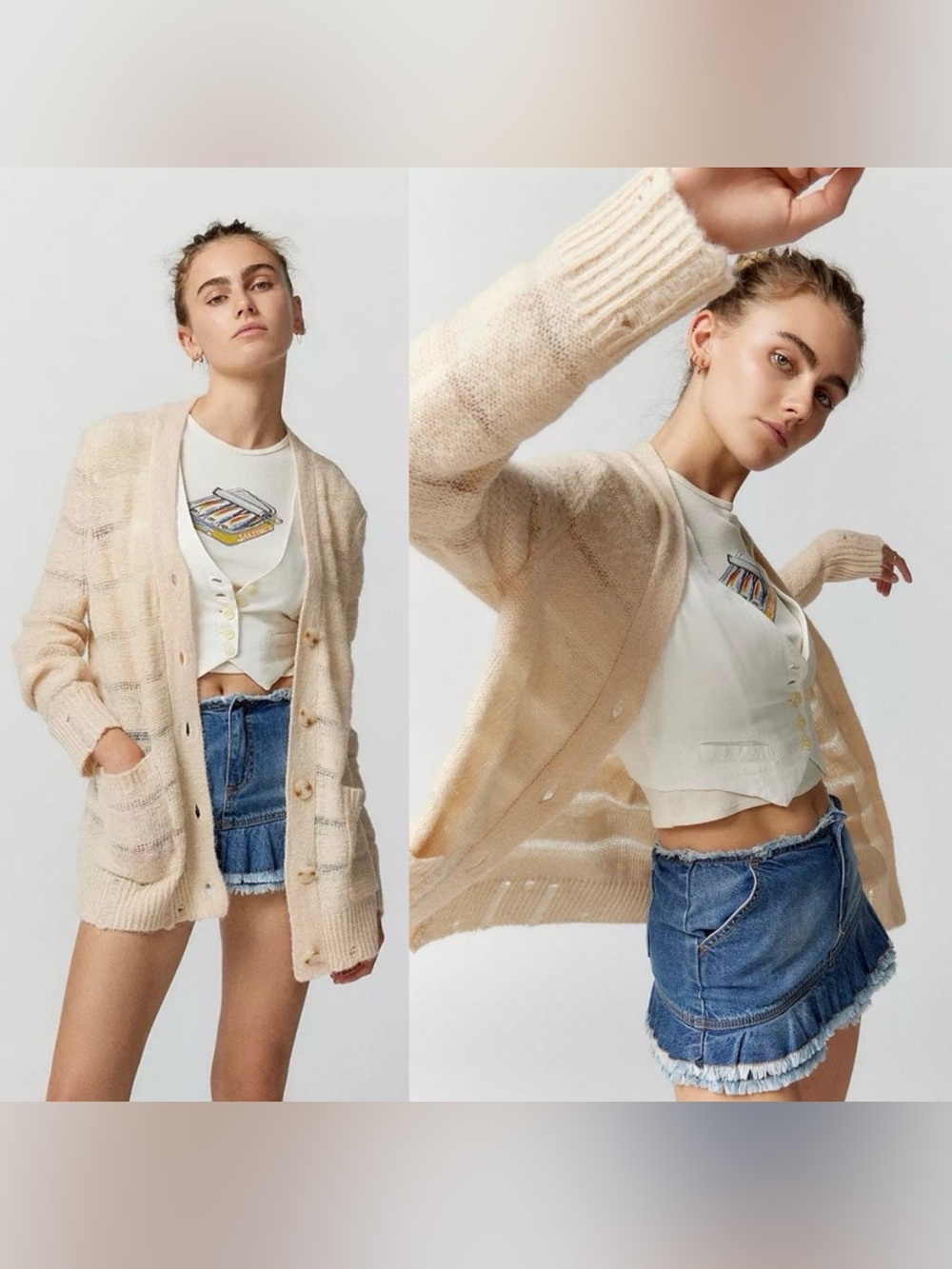 Urban Outfitters cream open weave Alston stripe cardigan sweater - size M